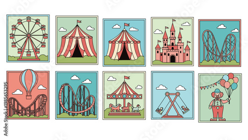 Set of colorful cartoon icons featuring various amusement park and carnival attractions including a ferris wheel, roller coaster, and castle.
