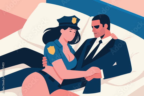 A Beautiful Policewoman and a Handsome Man Making Love Illustration Creative Design Template 
