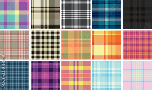 Spring plaid bundle designed for textiles and decor. The pack includes coordinated tartan patterns ideal for dresses, shirts, and light accessories. Vector files scale easily.
