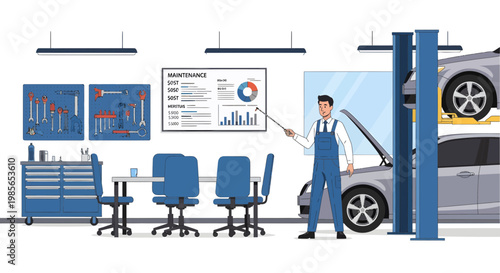 Mechanic in blue overalls standing.