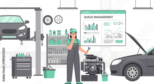 Mechanic in garage with tools.