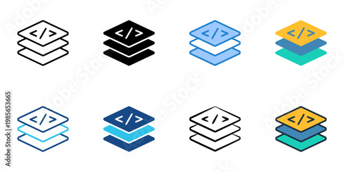 Software stack icons set multiple style collection. Editable stroke 
