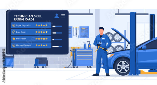 Mechanic standing next to car 1.