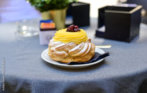 Zeppola.Traditional Italian dessert, pastries iin Naples , Italy.Typical Neapolitan pastry product