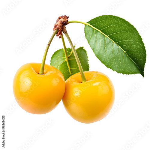 Golden cherries with leaves isolated on transparent background