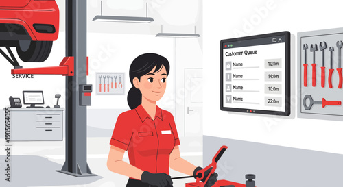 Mechanic woman in red uniform working.