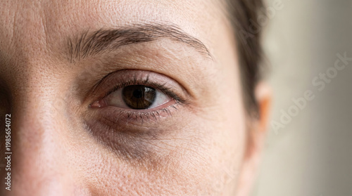 Bruises and bags under the eyes of a tired woman concept. Close-up of a person's eye revealing deep emotions and reflections.