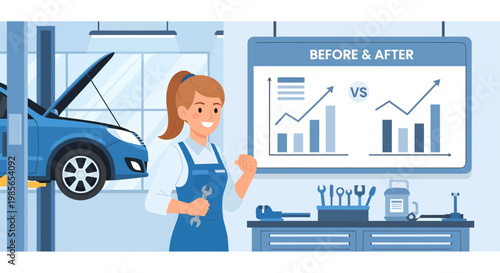 Mechanic woman presenting service chart.