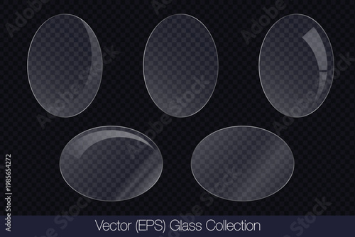 Realistic 3D glass transparent ellipse frame with glare, flat glass or plastic plate, flat transparent glass lens, realistic screen glass, window mockup, vector (EPS) illustration