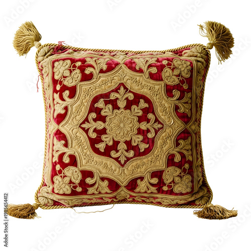 Ornate red and gold decorative pillow with tassels isolated on transparent background