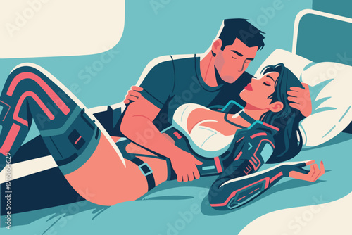 A Beautiful Cyborg Woman and a Handsome Man Making Love Illustration Creative Design Template 