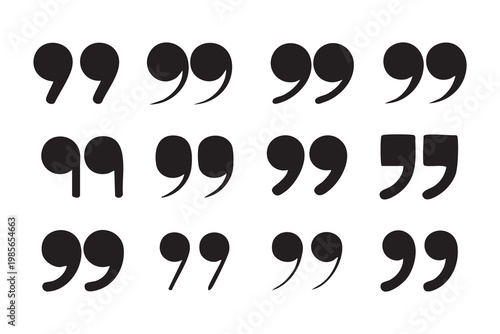 Array of black quotation marks featuring diverse styles on an isolated white background