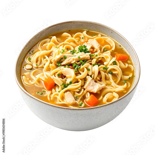 Chicken noodle soup in ceramic bowl with transparent background