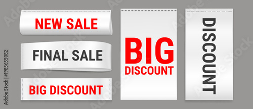 Realistic textile sale badges with sewn seams isolated on background. Vector illustration of cloth branding label mockup for discount promo, stitched best price offer tags, shopping banner design