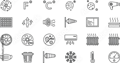 Air Conditioning and Climate Control Icon Set Featuring Fans, Thermostats, Air Flow, Temperature, and Ventilation for Websites and Digital Media Designs