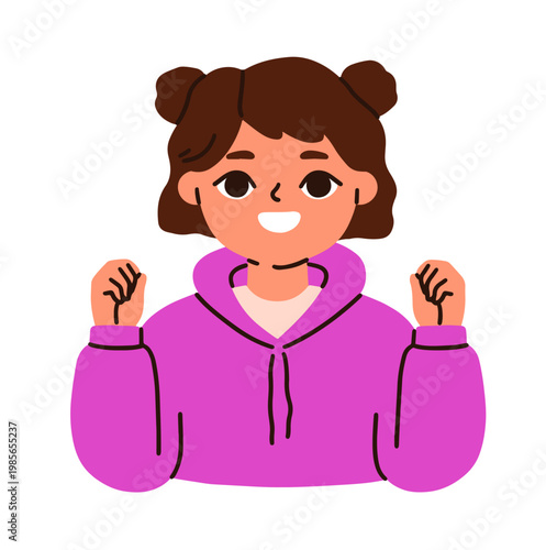 Happy girl smiling with fists for yes gesture. Cute joyful child character celebrating success. Cheerful kid with positive emotion, expression. Flat vector illustration isolated on white background