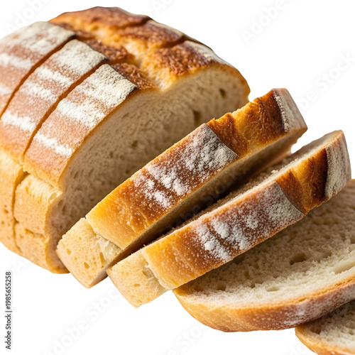 Sliced loaf of bread freshly baked with crust details isolated view