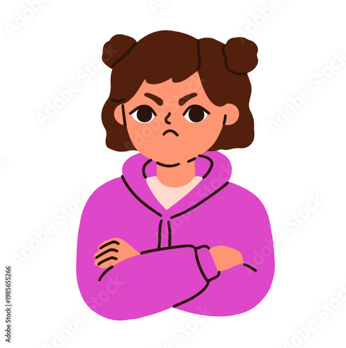 Angry girl showing furious annoyed emotion. Stubborn frowning kid with arms crossed, irritated face expression. Child in anger, annoyance, rage. Flat vector illustration isolated on white background