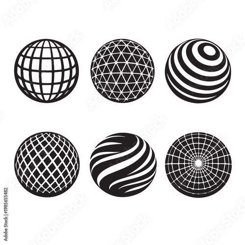 Set of 6 Abstract Geometric Sphere Icons, Vector Black and White Wireframe Globes with Grid, Spiral, and Triangle Patterns