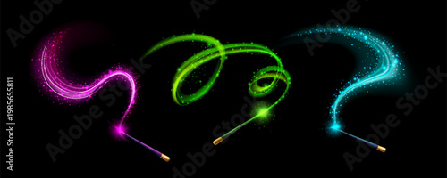 Magical wand with glowing sparkles and light trails, realistic vector set on transparent background. Fairy spell effect, shimmering stars and particles, and luminous swirls, enchanting atmosphere