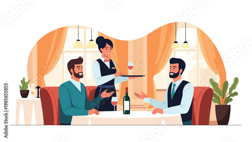 Professional waitress serves a tray with red wine to two happy men having a business dinner or social meeting in a cozy restaurant.