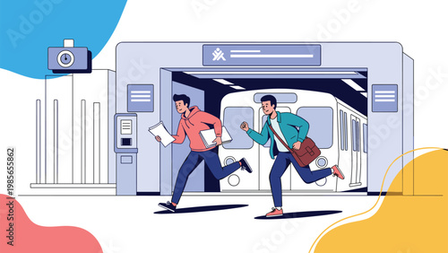 Two male travelers with backpacks running across a subway station platform to catch a train, emphasizing a sense of urgency.