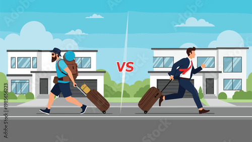 Comparison illustration showing a casual traveler with a large backpack versus a businessman running with a suitcase in a city.