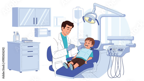 Kind dentist checking a young boys teeth in a modern dental clinic with specialized medical equipment and a comfortable chair.