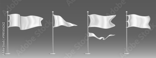 Realistic 3D white flag mockup on metal pole, vector illustration isolated on background. Blank waving banner template with fabric texture, triangle pennant design for advertising, promotional events