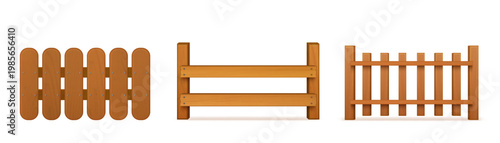 Wooden fence vector illustration with realistic wood texture and iron nails, garden gate element. 3d rustic barrier design for farm or countryside yard enclosure, isolated on white background