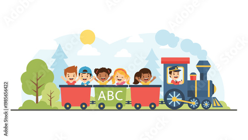 Group of diverse children riding in a colorful toy train through a park with a smiling driver under a sunny sky with clouds.
