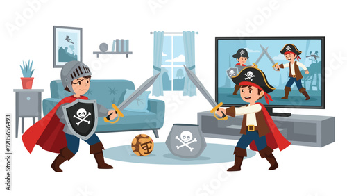 Two young boys play dress up in their living room with one as a brave knight and the other as a pirate while a movie plays on the television.