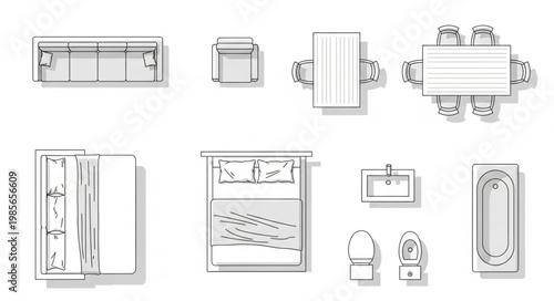 Top Down View Of Various Furniture And Fixtures For Home Design.