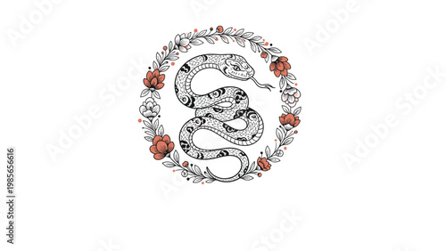 Detailed illustration of a patterned snake coiled elegantly within a circular wreath of delicate flowers and leafy branches on a white background.