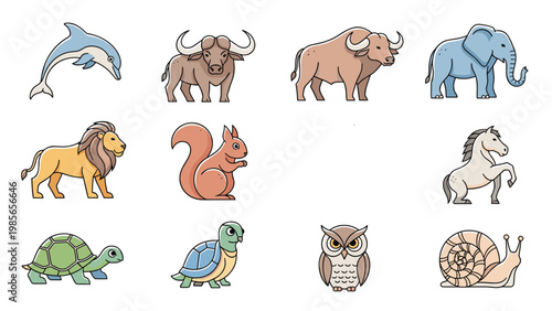 Wide assortment of stylized animal icons including a dolphin, elephant, lion, horse, turtle, and snail shown in a grid layout.