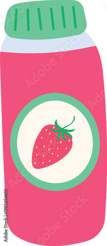Hand-drawn jar of strawberry smoothie, jam, or yogurt. Healthy eating. Isolated vector illustration on a transparent background.
