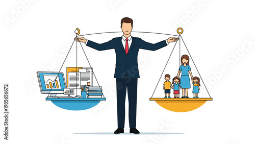Focused businessman stands at the center of a giant scale balancing his professional work life with his happy family on the other side.
