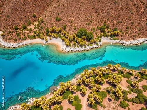A breathtaking aerial view of Vai, Crete, showcasing its unique palm forest meeting the turquoise sea,  picturesque scenery,  coastal landscape