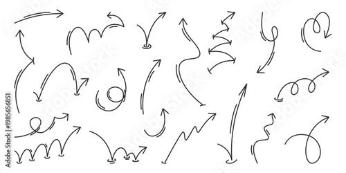 Playful bounce arrows set isolated on white background. Vector illustration of curvy, spiral and zigzag trajectory doodles, hand drawn motion lines, squiggly paths, dynamic motion effect arrows