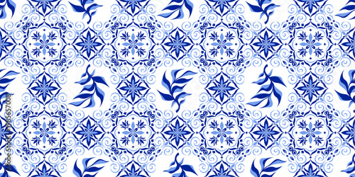 Greek mosaic tile pattern with traditional italian, spanish ornament, abstract vector seamless background. Blue white geometric design, floor or wall portuguese azulejo style, vintage floral motif