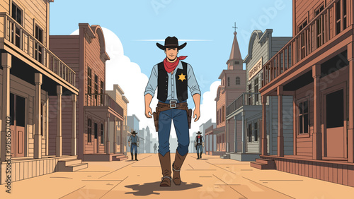 Determined cowboy sheriff in traditional western attire walks down the main dusty street of an old frontier town past wooden buildings.
