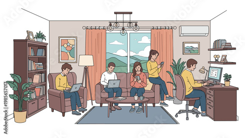Group of people of various ages sits in a comfortable living room while each person is distracted by their own personal electronic devices.