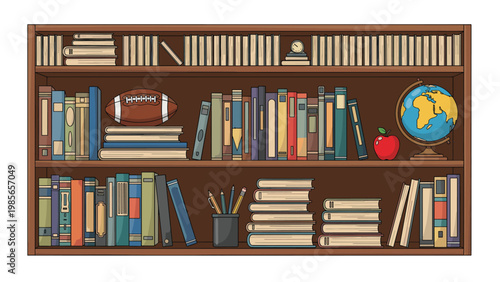 Sturdy wooden bookshelf is neatly filled with colorful books, a globe, a red apple, and a football on a plain white background for education.
