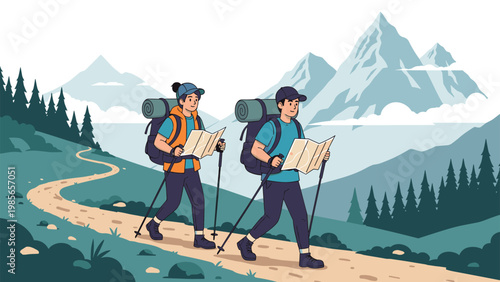 Two young hikers with backpacks and trekking poles walk along a scenic mountain trail with snow capped peaks and pine forests in the background.