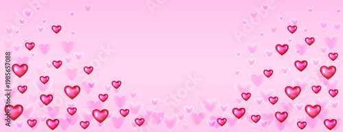 Romantic Valentine's Day background with glowing red and pink hearts on a soft gradient pink backdrop. Perfect for banner, holiday designs, greeting cards, romantic posters, festive decorations.
