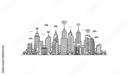 Smart city skyline with green ecology and wireless connection pixel perfect editable stroke vector illustration