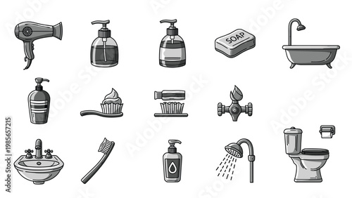 Comprehensive set of bathroom icons in a grey pixelated style includes items like a hairdryer, bathtub, sink, toilet, and shower head.