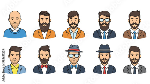 Set of male avatars with different hairstyles and beard styles wearing various outfits and accessories.