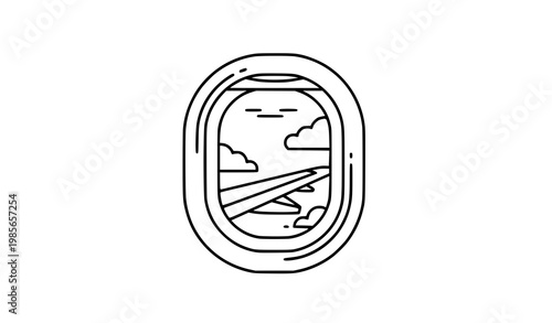 Airplane window porthole icon with wing and clouds pixel perfect editable stroke vector illustration