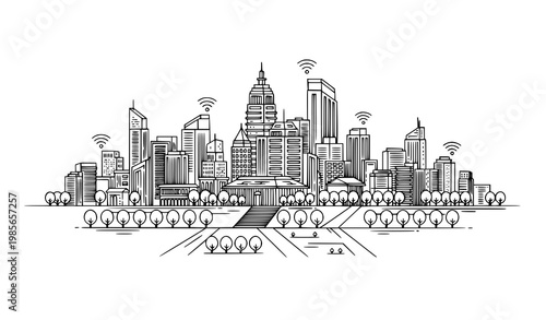Sustainable smart city skyline with trees and wireless technology pixel perfect editable stroke vector scene